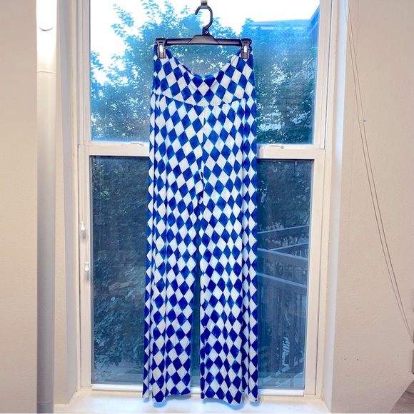 India Boutique Argyle Raw Edge Hem Fold Down Band OS BOHO Flare Leg Pant - Picture 1 of 13